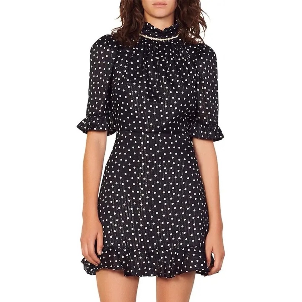 Sandro Embellished Polka Dot Short Sleeve Dark Blue And White Mini Dress size M
